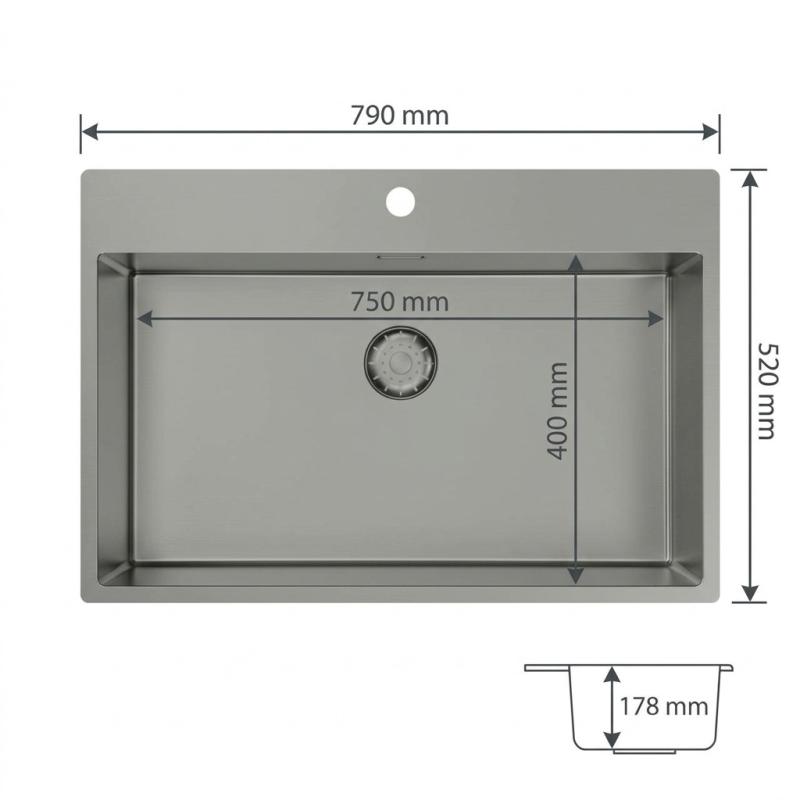 Pure.Sink Comfort Gun metal Grote Spoelbak 75x40cm Tapwing met kraanopening PCM7540T-61